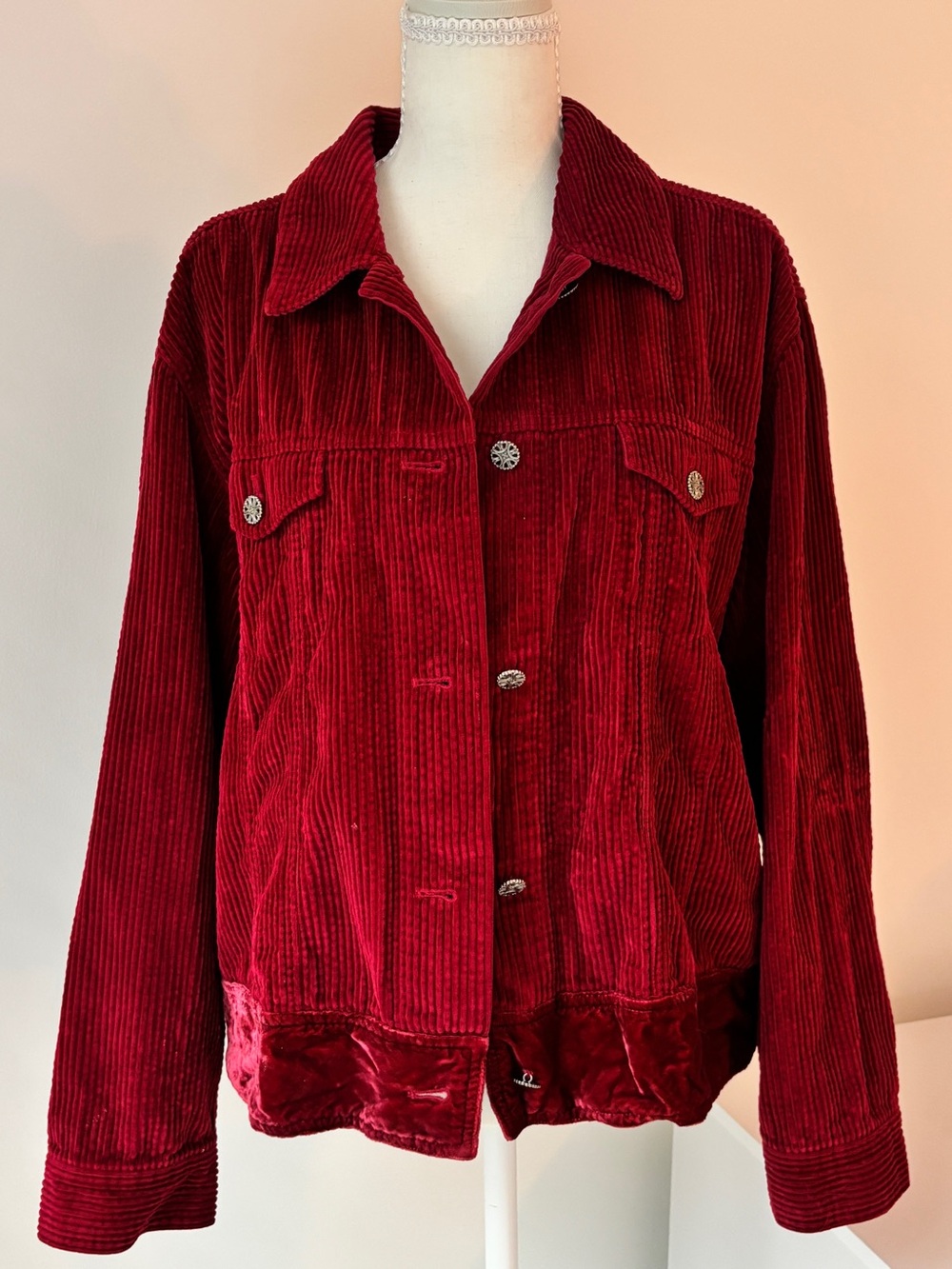 J. Jill Burgundy Red Corduroy Velvet Trim Button Up Long Sleeve Shaket - Size L